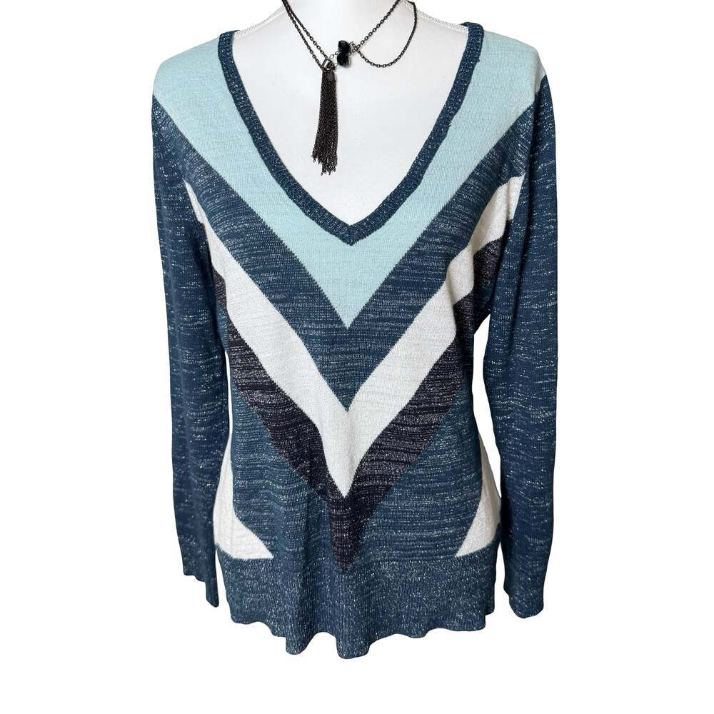 New York Company womens long sleeves multicolor V neck strips top size L